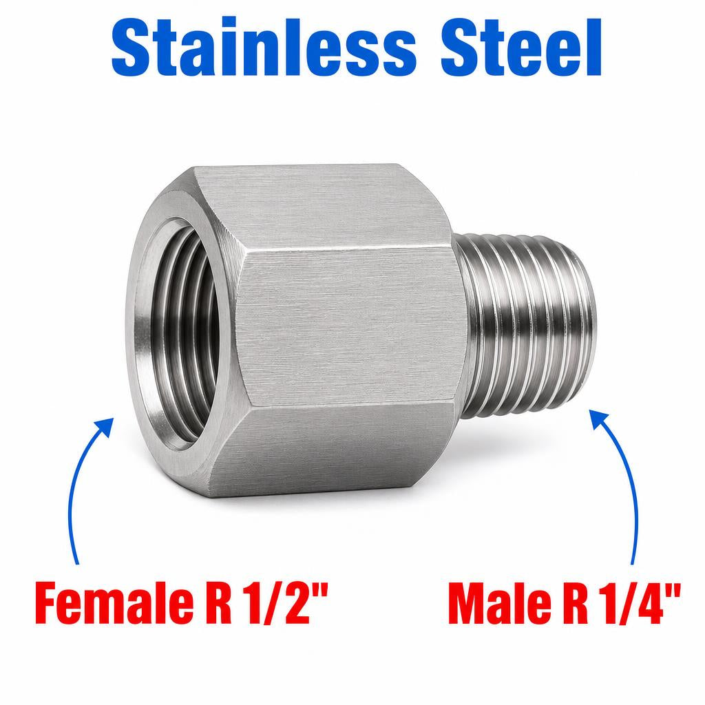 Stainless steel BSPT tapered female 1/2 inch to male 1/4 inch sensor adaptor fitting from MC Motoparts, APS series conversion fitting.