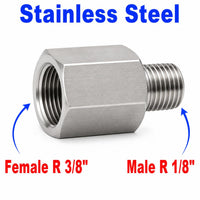 Stainless steel MC Motoparts BSPT tapered adapter fitting with 3/8 inch female to 1/8 inch male connection for sensor conversion.