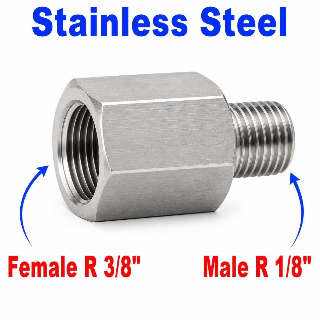 Stainless steel MC Motoparts BSPT tapered adapter fitting with 3/8 inch female to 1/8 inch male connection for sensor conversion.