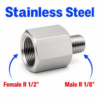 Stainless steel MC Motoparts BSPT tapered adapter fitting with 1/2 inch female to 1/8 inch male threads for sensor conversion.