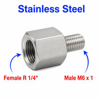 Stainless steel MC Motoparts BSPT tapered R 1/4 inch female to M6x1 male sensor adaptor fitting for conversion.