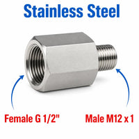 Stainless steel BSP G 1/2 inch female to M12x1 male sensor adaptor fitting for industrial conversion, made by MC Motoparts.