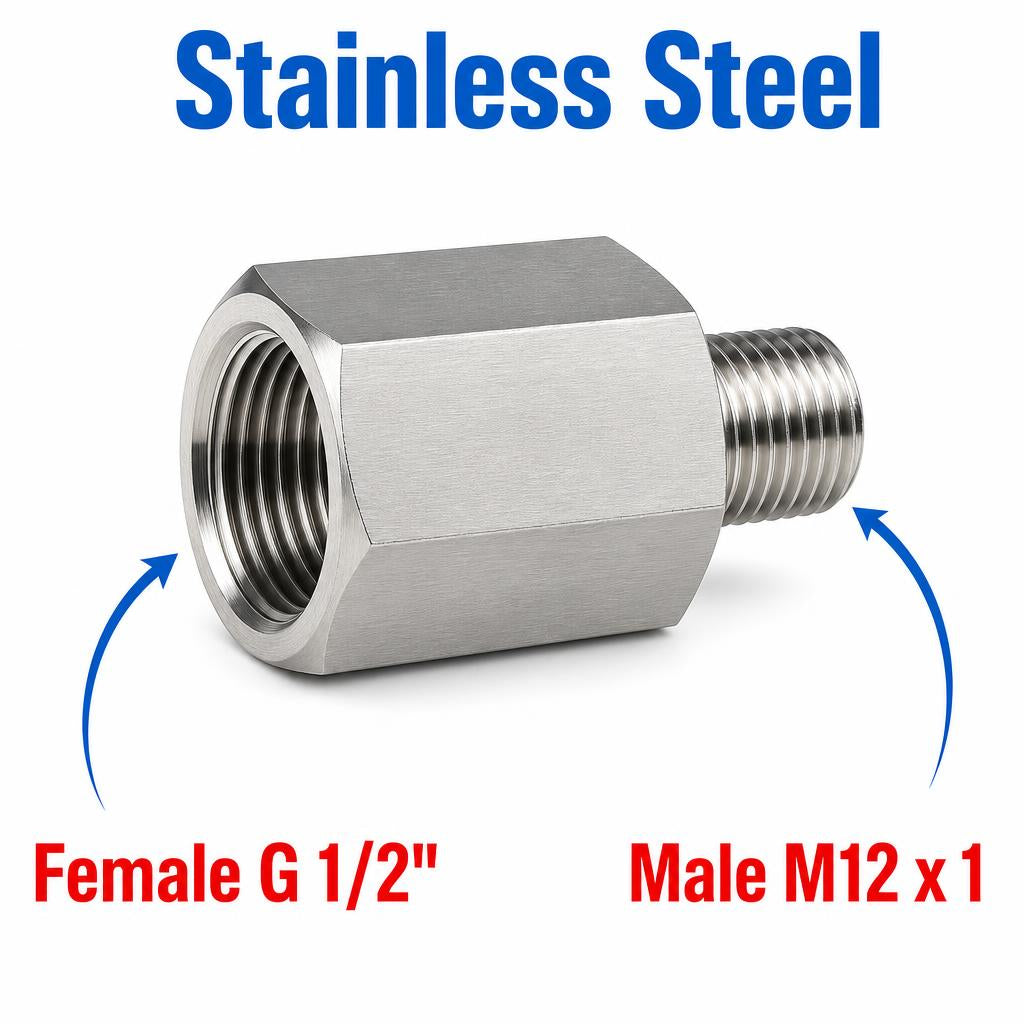 Stainless steel BSP G 1/2 inch female to M12x1 male sensor adaptor fitting for industrial conversion, made by MC Motoparts.