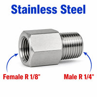 Stainless steel MC Motoparts BSPT tapered sensor adaptor fitting, 1/8 inch female to 1/4 inch male conversion for plumbing.
