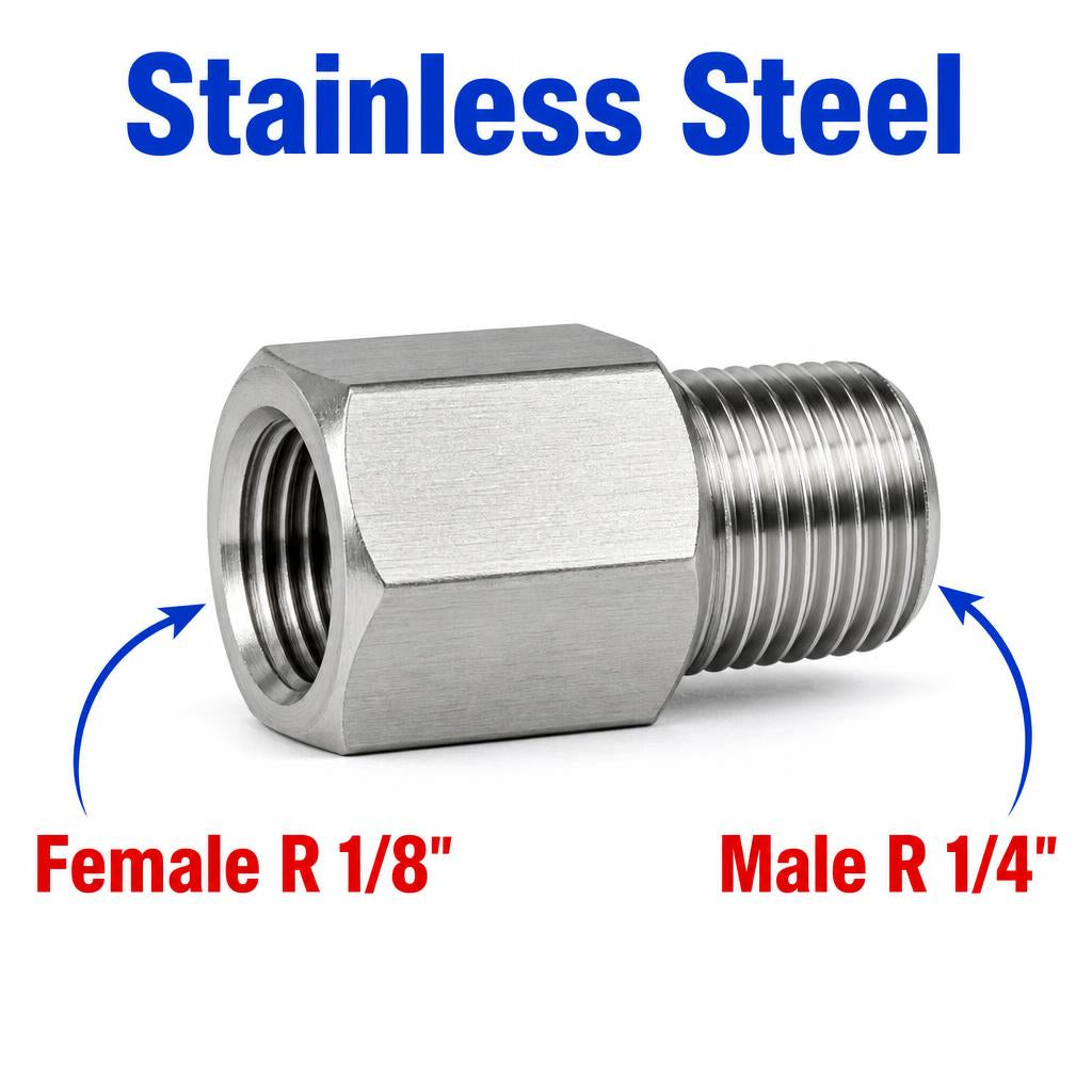 Stainless steel MC Motoparts BSPT tapered sensor adaptor fitting, 1/8 inch female to 1/4 inch male conversion for plumbing.