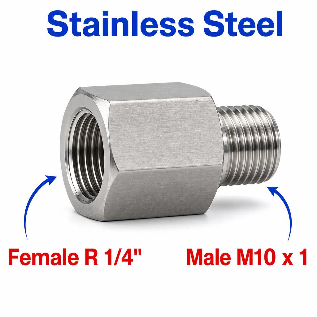 Stainless steel BSPT tapered sensor adaptor fitting with 1/4 inch female and M10x1 male threads for MC Motoparts APS conversion