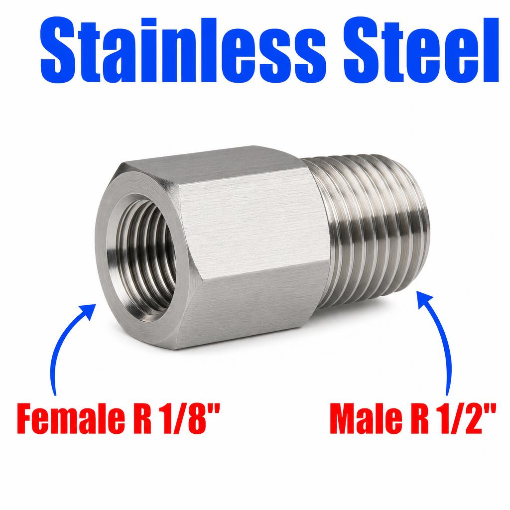 Stainless steel MC Motoparts BSPT tapered R 1/8 inch female to R 1/2 inch male sensor adaptor fitting on white background