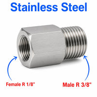 Stainless steel BSPT tapered R 1/8 inch female to 3/8 inch male sensor adaptor fitting for conversion, MC Motoparts APS fitting series.