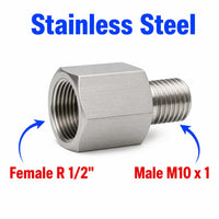 Stainless steel MC Motoparts APS Tapered R 1/2 inch female to M10x1 male sensor adaptor fitting for conversion.