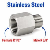Stainless steel MC Motoparts APS adaptor fitting with 1/2 inch female BSPT to 3/8 inch male BSPT threaded conversion for sensors