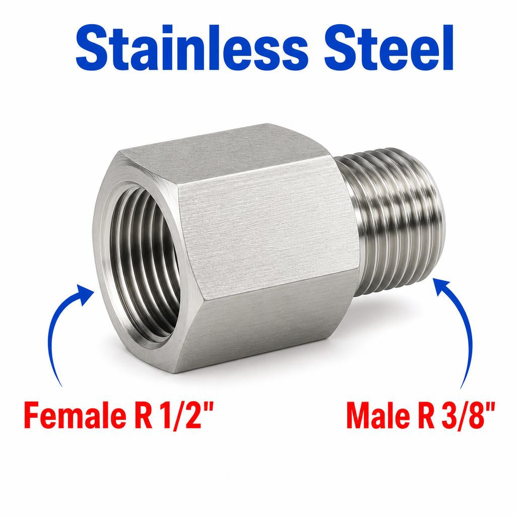 Stainless steel MC Motoparts APS adaptor fitting with 1/2 inch female BSPT to 3/8 inch male BSPT threaded conversion for sensors