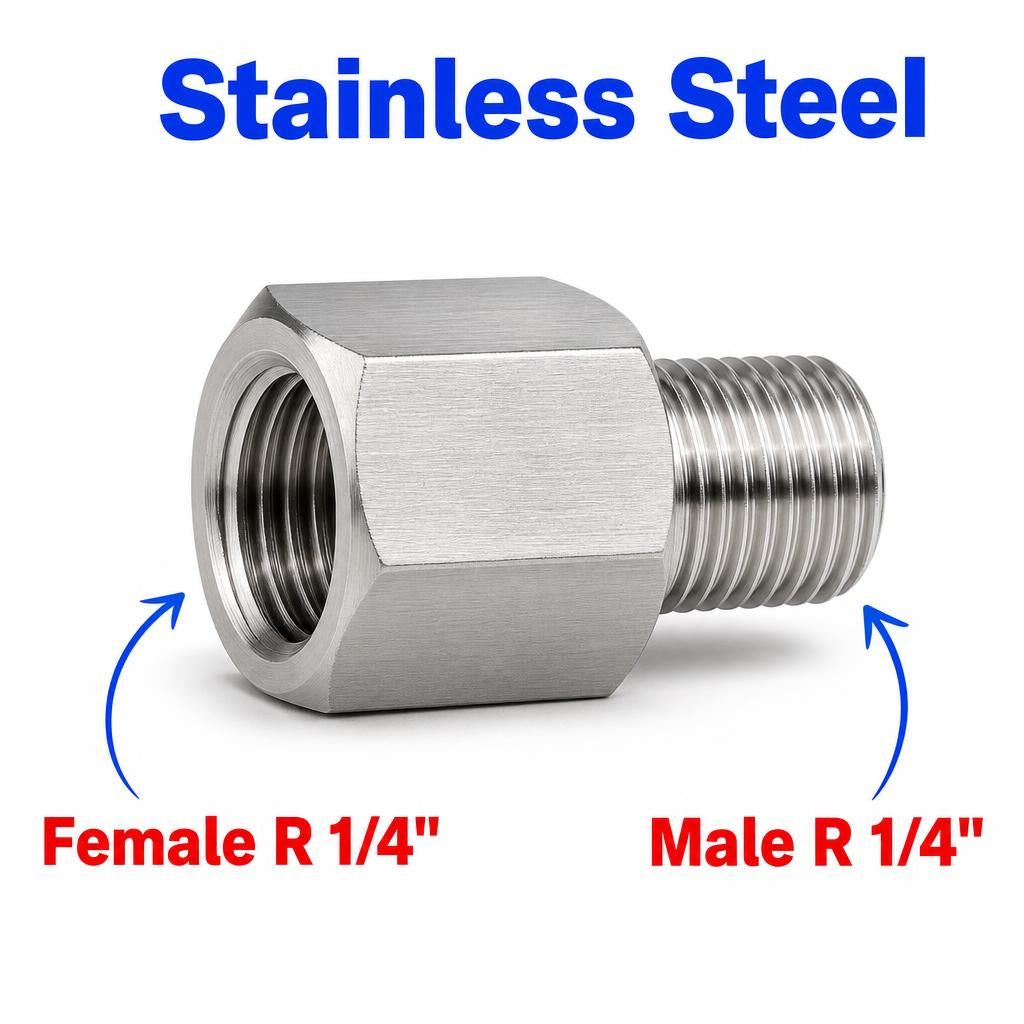 Stainless steel 304 BSPT tapered R 1/4 inch female to male sensor adapter fitting for conversion.