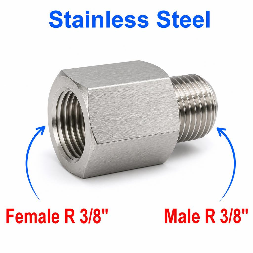 Stainless steel MC Motoparts BSPT tapered R 3/8 inch female to male sensor adaptor fitting for conversion.
