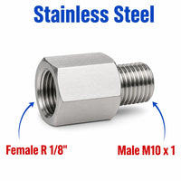 Stainless steel MC Motoparts APS adaptor fitting with 1/8 inch BSPT female to M10x1 male sensor conversion fitting.