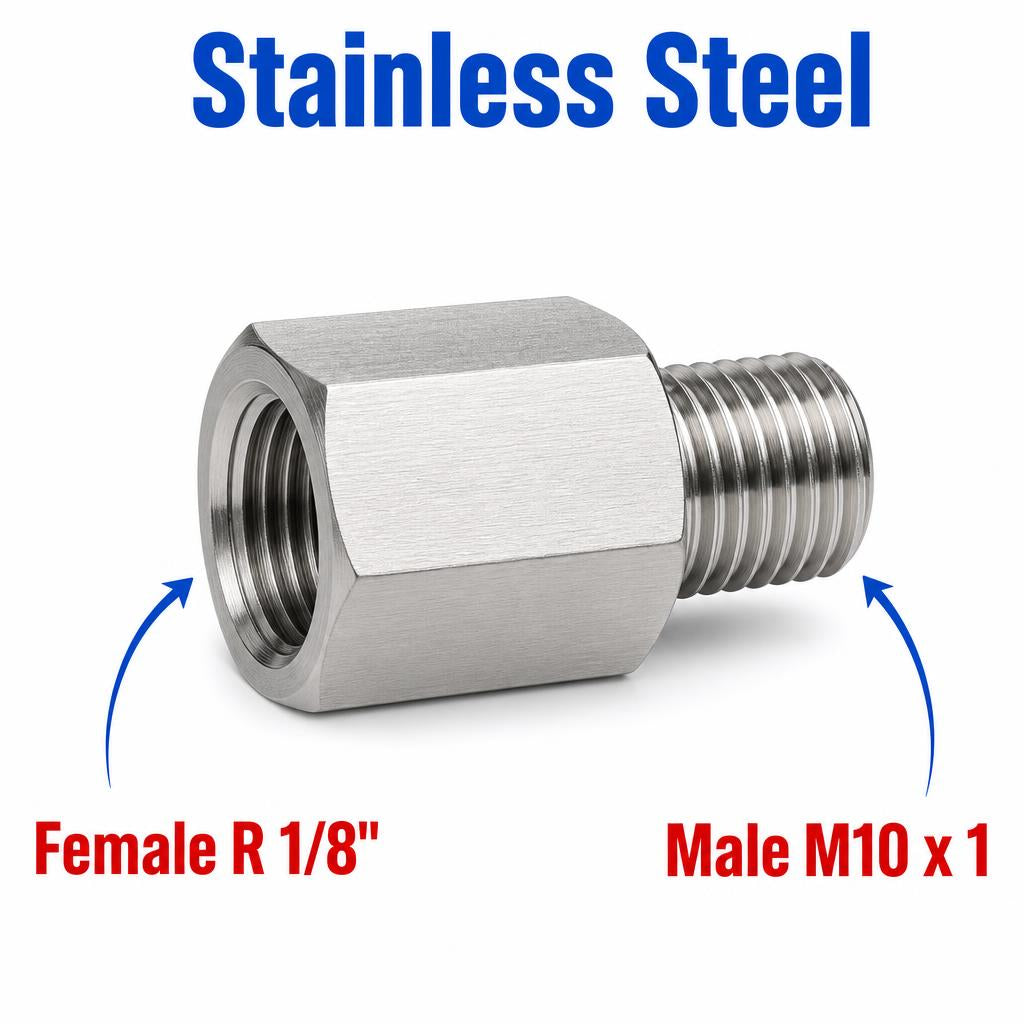 Stainless steel MC Motoparts APS adaptor fitting with 1/8 inch BSPT female to M10x1 male sensor conversion fitting.