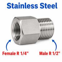 Stainless steel MC Motoparts BSPT tapered sensor adapter fitting, 1/4 inch female to 1/2 inch male conversion, for plumbing or sensor connections.