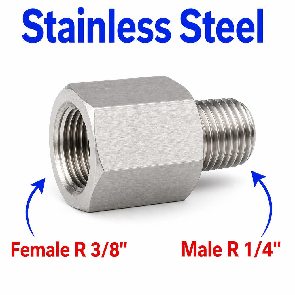 Stainless steel MC Motoparts BSPT tapered sensor adaptor fitting, 3/8 inch female to 1/4 inch male conversion for plumbing or automotive use.