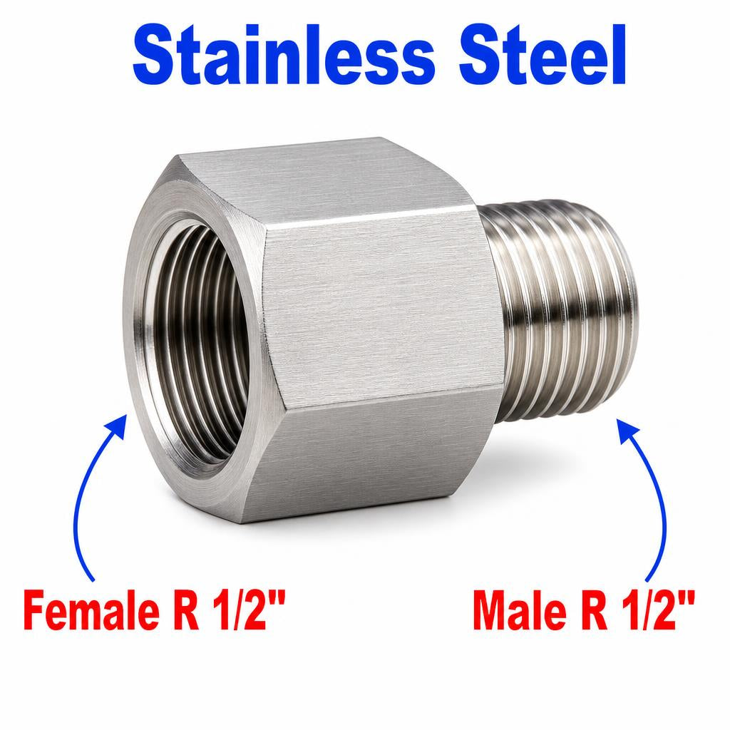 Stainless steel BSPT tapered R 1/2 inch female to male sensor adaptor fitting, MC Motoparts APS adaptor conversion, metallic finish