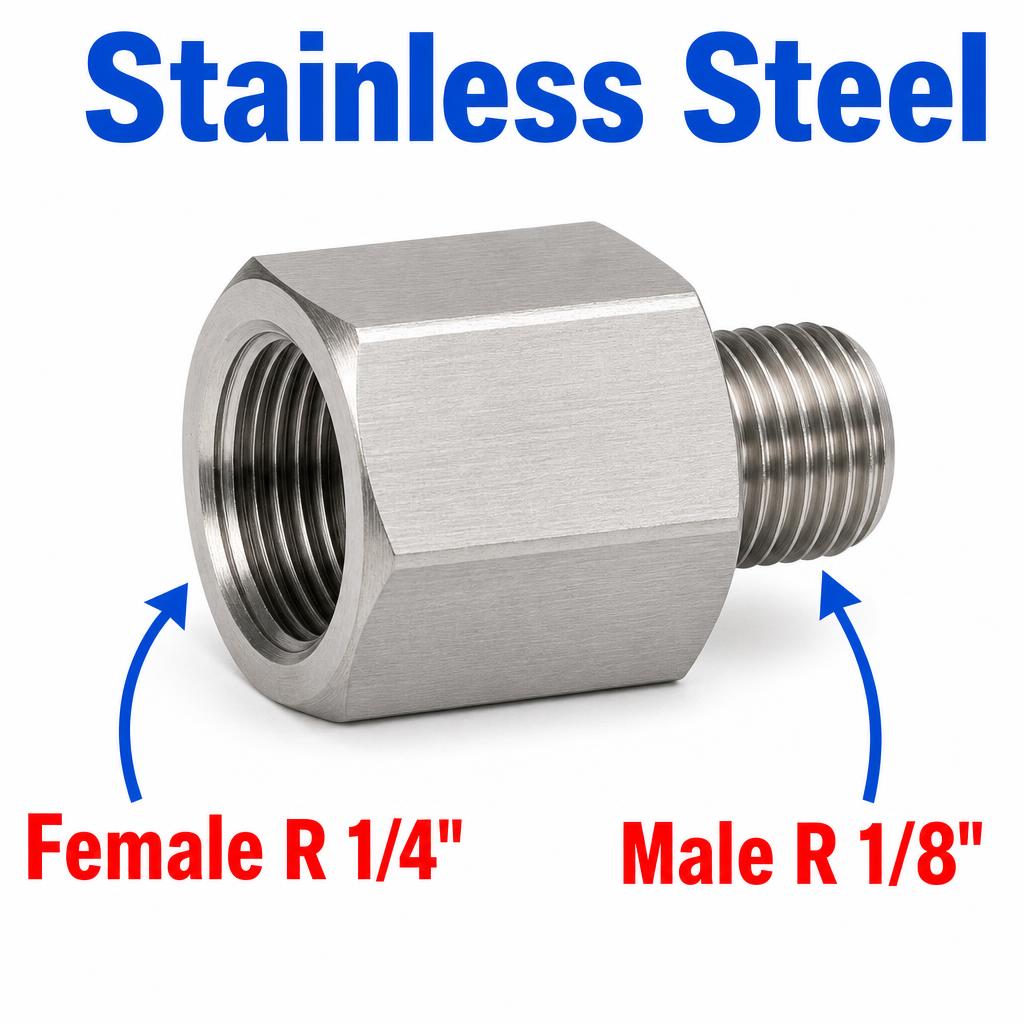 Stainless steel MC Motoparts APS adaptor fitting with 1/4 inch female to 1/8 inch male BSPT tapered threads for sensor connection