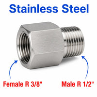 Stainless steel BSPT tapered sensor adaptor fitting with 3/8 inch female to 1/2 inch male connections for conversion.