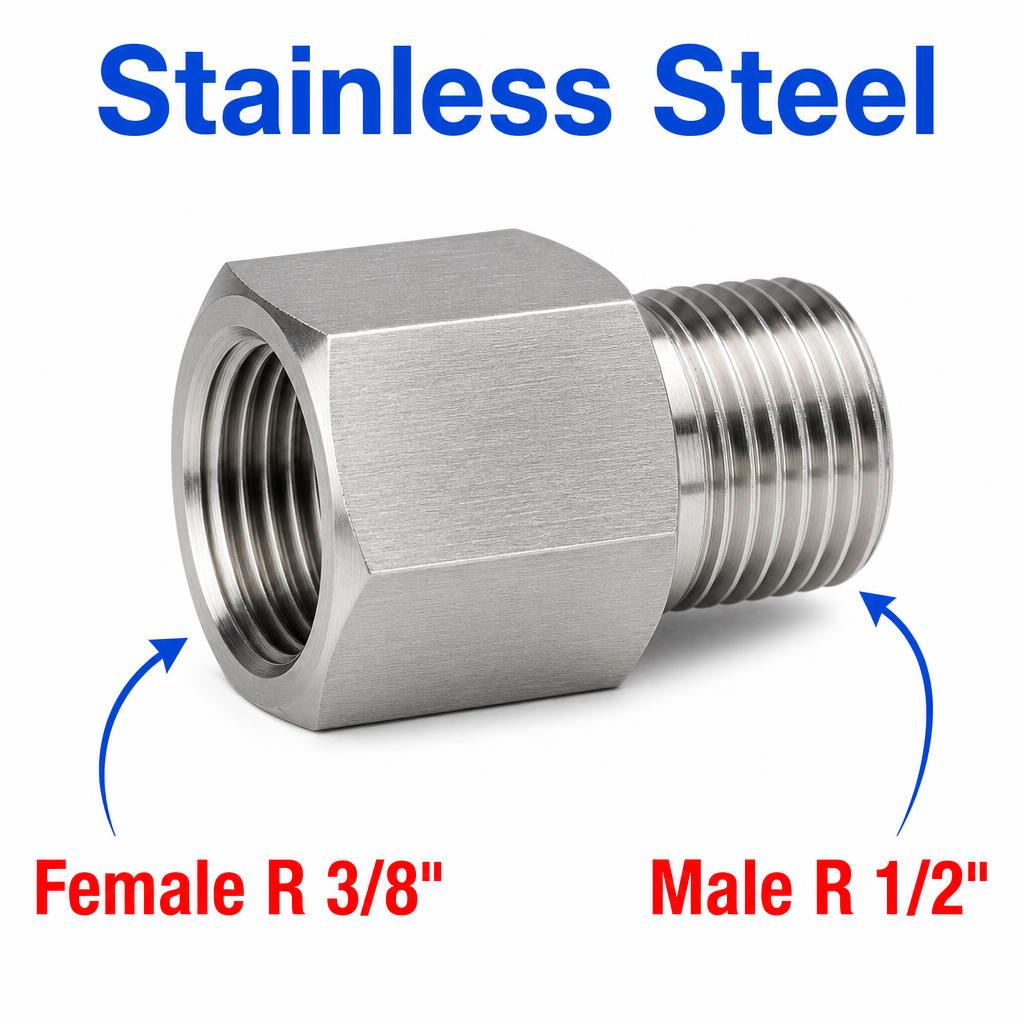 Stainless steel BSPT tapered sensor adaptor fitting with 3/8 inch female to 1/2 inch male connections for conversion.