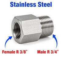 Stainless steel MC Motoparts APS adaptor fitting with 3/8 inch female to 3/4 inch male BSPT tapered threads for sensor conversion