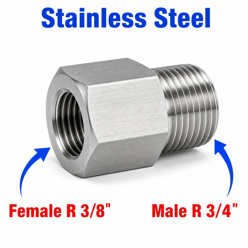 Stainless steel MC Motoparts APS adaptor fitting with 3/8 inch female to 3/4 inch male BSPT tapered threads for sensor conversion