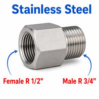 Stainless steel MC Motoparts BSPT tapered sensor adaptor fitting, 1/2 inch female to 3/4 inch male conversion, for plumbing or hydraulic use.