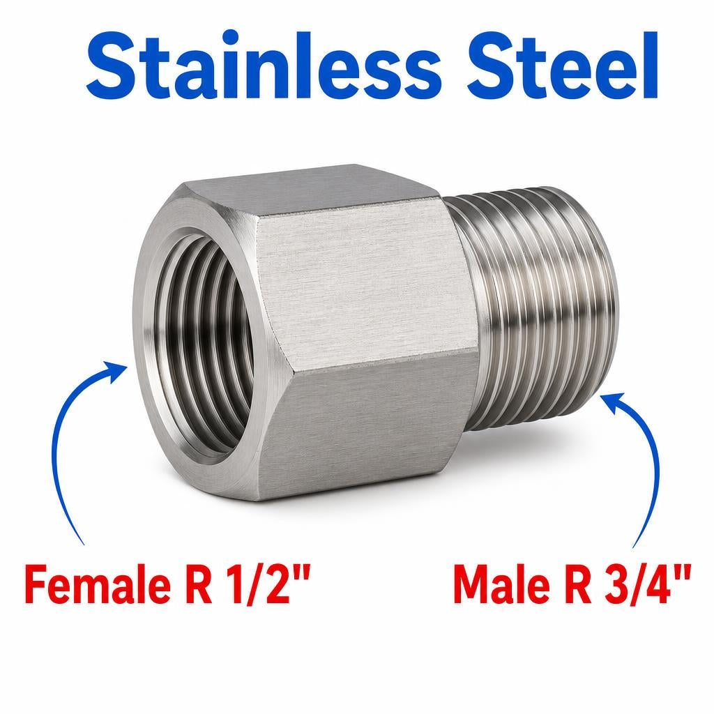 Stainless steel MC Motoparts BSPT tapered sensor adaptor fitting, 1/2 inch female to 3/4 inch male conversion, for plumbing or hydraulic use.