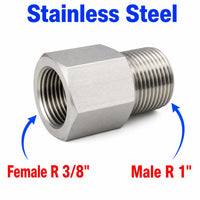 Stainless steel BSPT tapered adapter fitting with 3/8 inch female to 1 inch male connections, used for sensor fitting conversions.