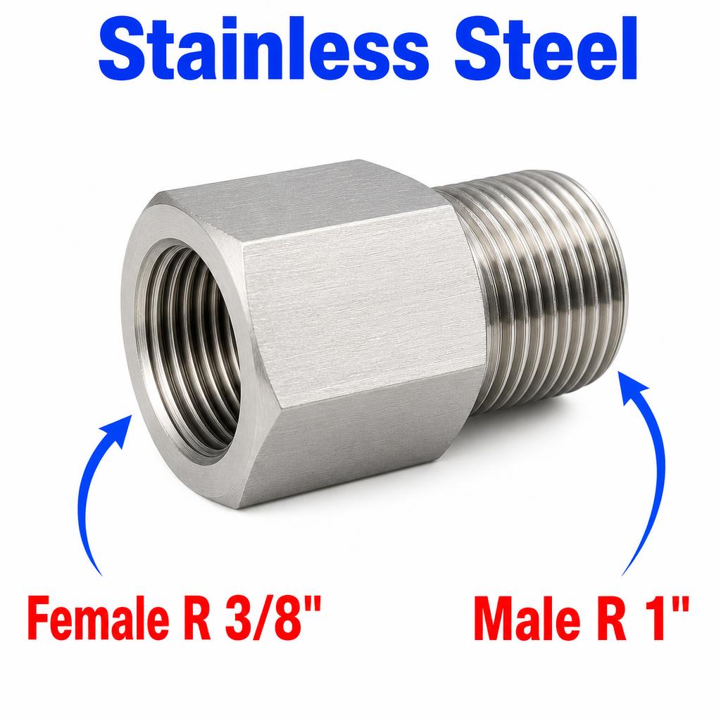 Stainless steel BSPT tapered adapter fitting with 3/8 inch female to 1 inch male connections, used for sensor fitting conversions.