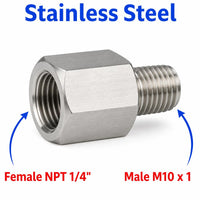 Stainless steel 1/4 inch NPT female to M10x1 male sensor adaptor fitting for hydraulic or pneumatic conversions.