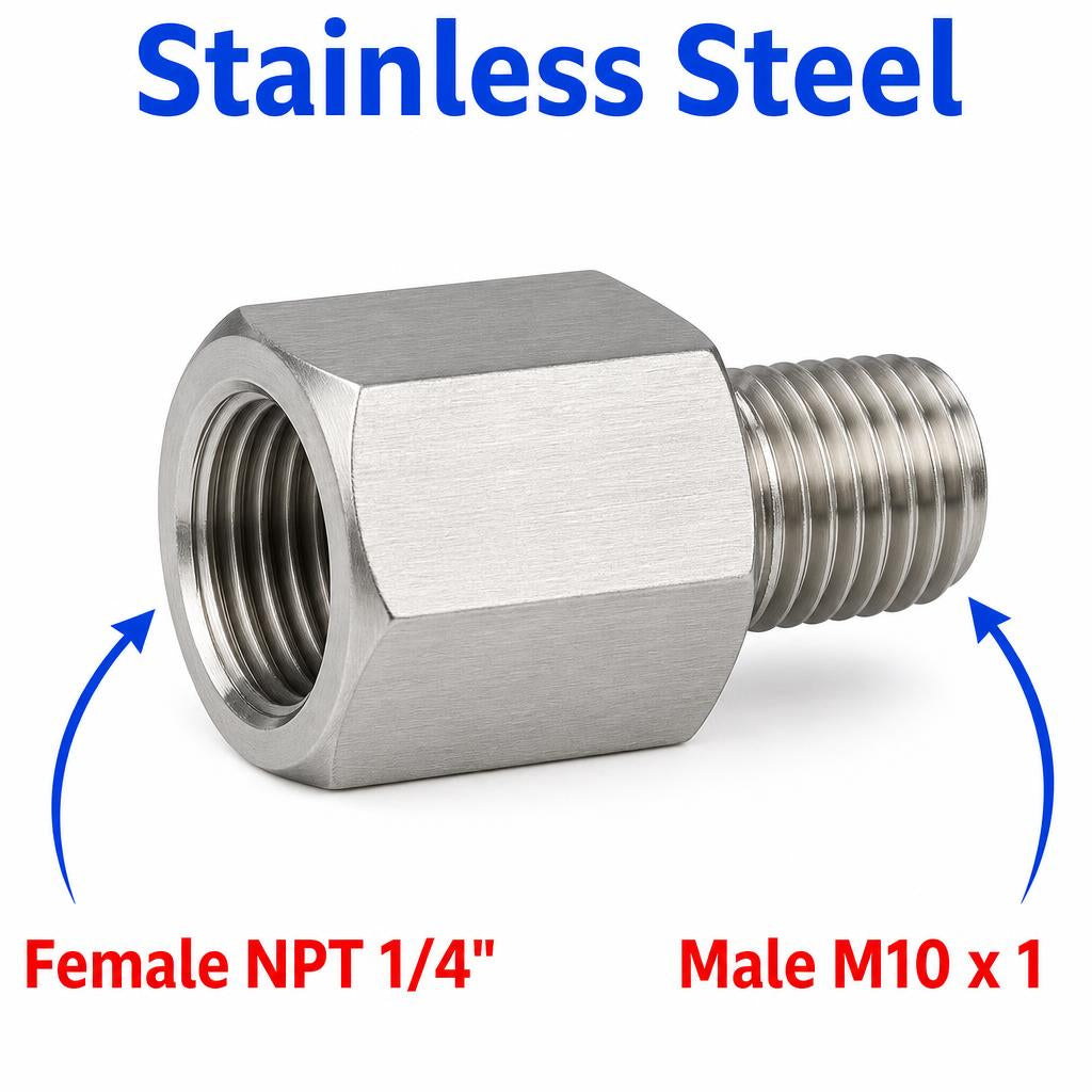 Stainless steel 1/4 inch NPT female to M10x1 male sensor adaptor fitting for hydraulic or pneumatic conversions.