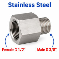 Stainless steel BSP G 1/2 inch female to 3/8 inch male sensor adaptor fitting, MC Motoparts APS conversion fitting for plumbing.