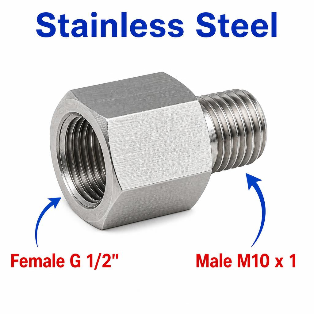 Stainless steel BSP G 1/2 inch female to M10x1 male sensor adaptor fitting for conversion, manufactured by MC Motoparts.