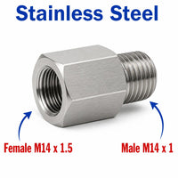 Stainless steel M14x1.5 female to M14x1 male sensor adaptor fitting for automotive conversions by MC Motoparts.