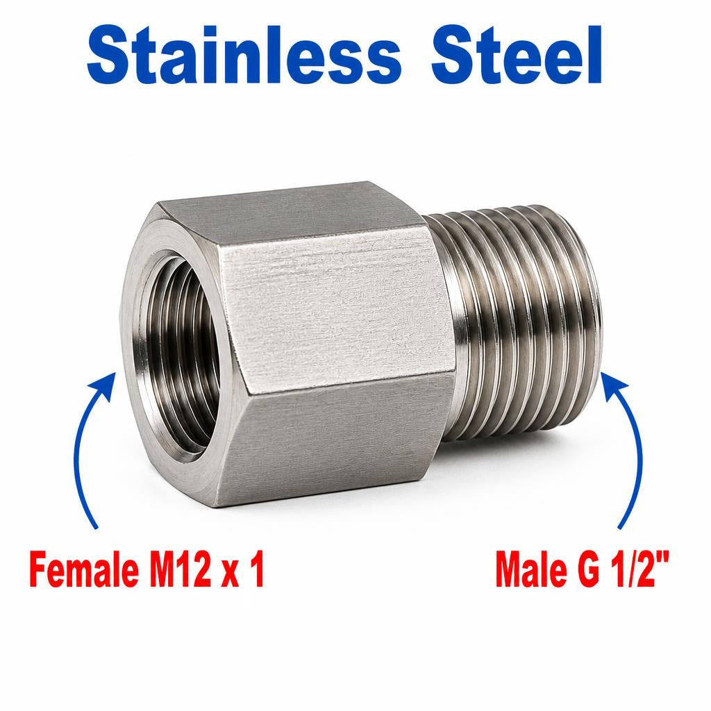Stainless steel M12x1 female to BSP G 1/2 inch male sensor adaptor fitting for conversion, MC Motoparts APS adaptor fitting.