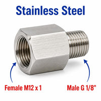 Stainless steel M12x1 female to BSP G 1/8 inch male sensor adaptor fitting for conversion, MC Motoparts APS adaptor fitting.