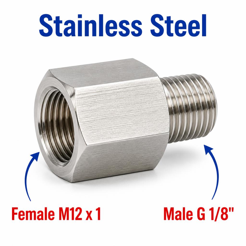 Stainless steel M12x1 female to BSP G 1/8 inch male sensor adaptor fitting for conversion, MC Motoparts APS adaptor fitting.