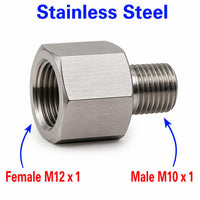 Stainless steel M12x1 female to M10x1 male sensor adaptor fitting, APS conversion fitting by MC Motoparts, visible in the image.