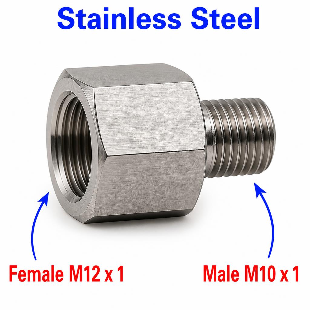 Stainless steel M12x1 female to M10x1 male sensor adaptor fitting, APS conversion fitting by MC Motoparts, visible in the image.