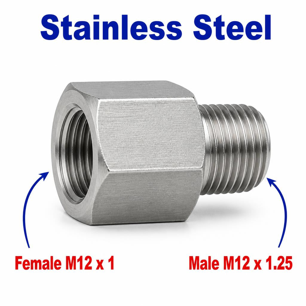 Stainless steel M12x1 female to M12x1.25 male sensor adaptor fitting for conversion, MC Motoparts APS adaptor fitting.