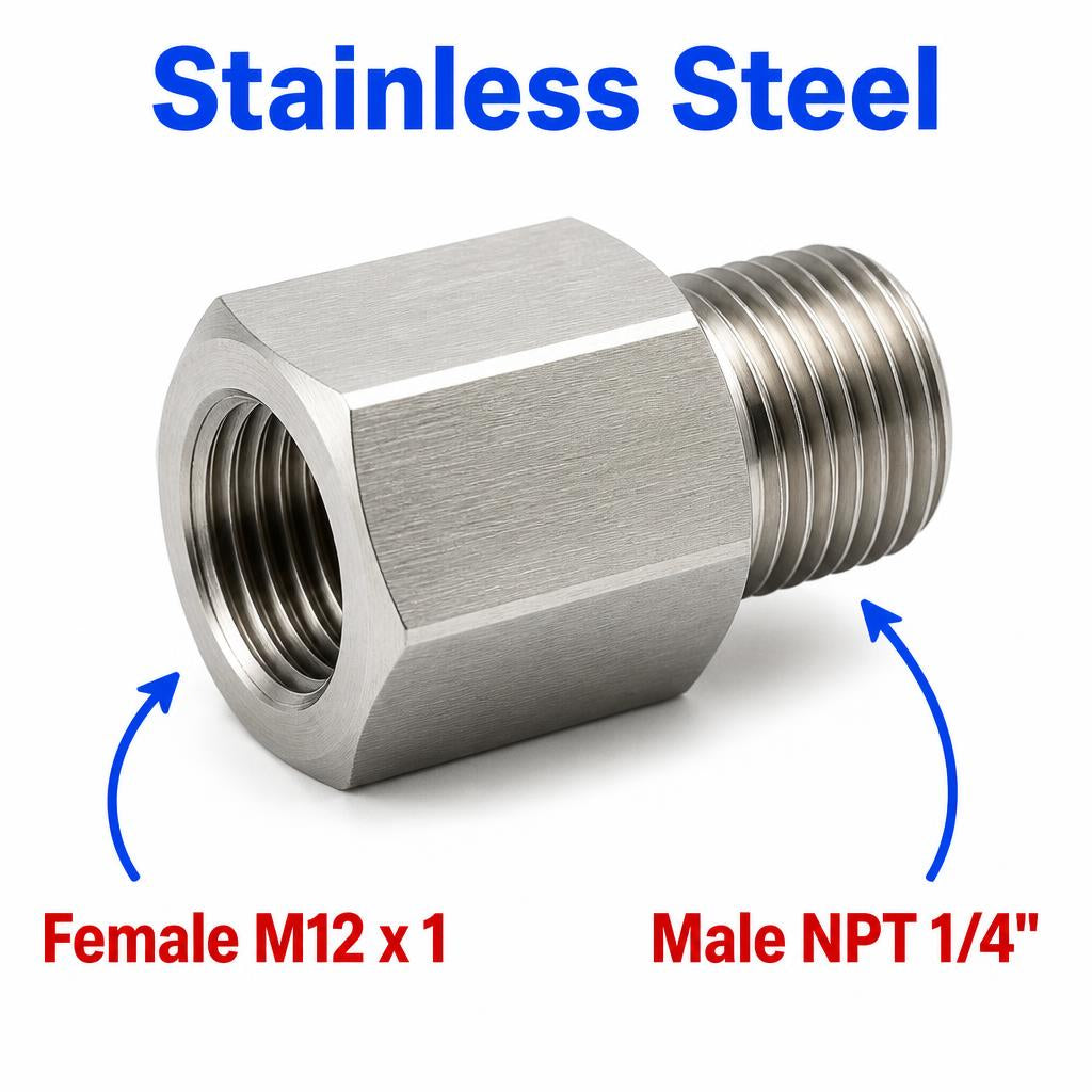 Stainless steel M12x1 female to 1/4 inch NPT male sensor adaptor fitting for conversion, MC Motoparts APS adaptor fitting.