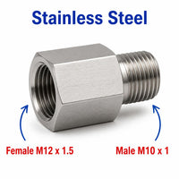 Stainless steel M12x1.5 female to M10x1 male sensor adaptor fitting for conversion, labeled APS0209.