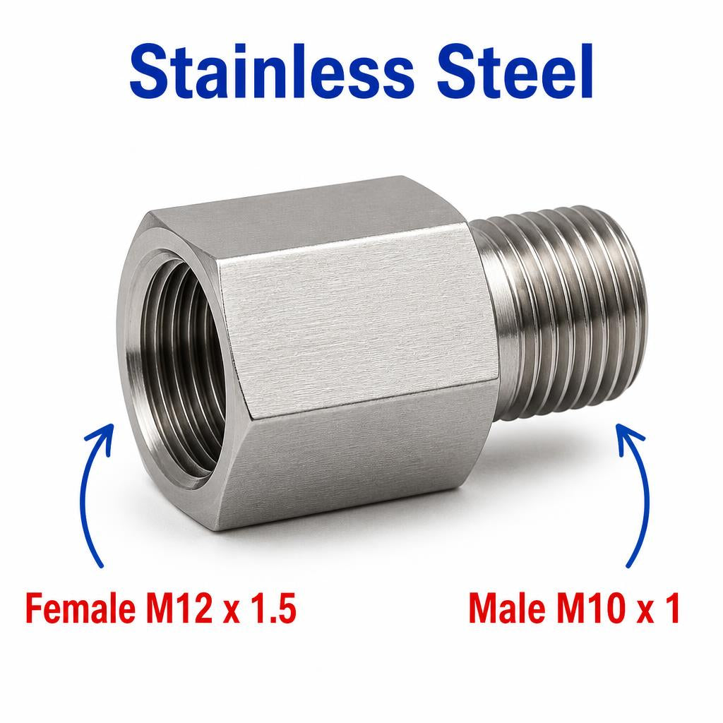 Stainless steel M12x1.5 female to M10x1 male sensor adaptor fitting for conversion, labeled APS0209.