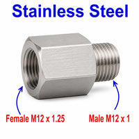 Stainless steel M12x1.25 female to M12x1 male sensor adaptor fitting for conversions by MC Motoparts, labeled APS0215.