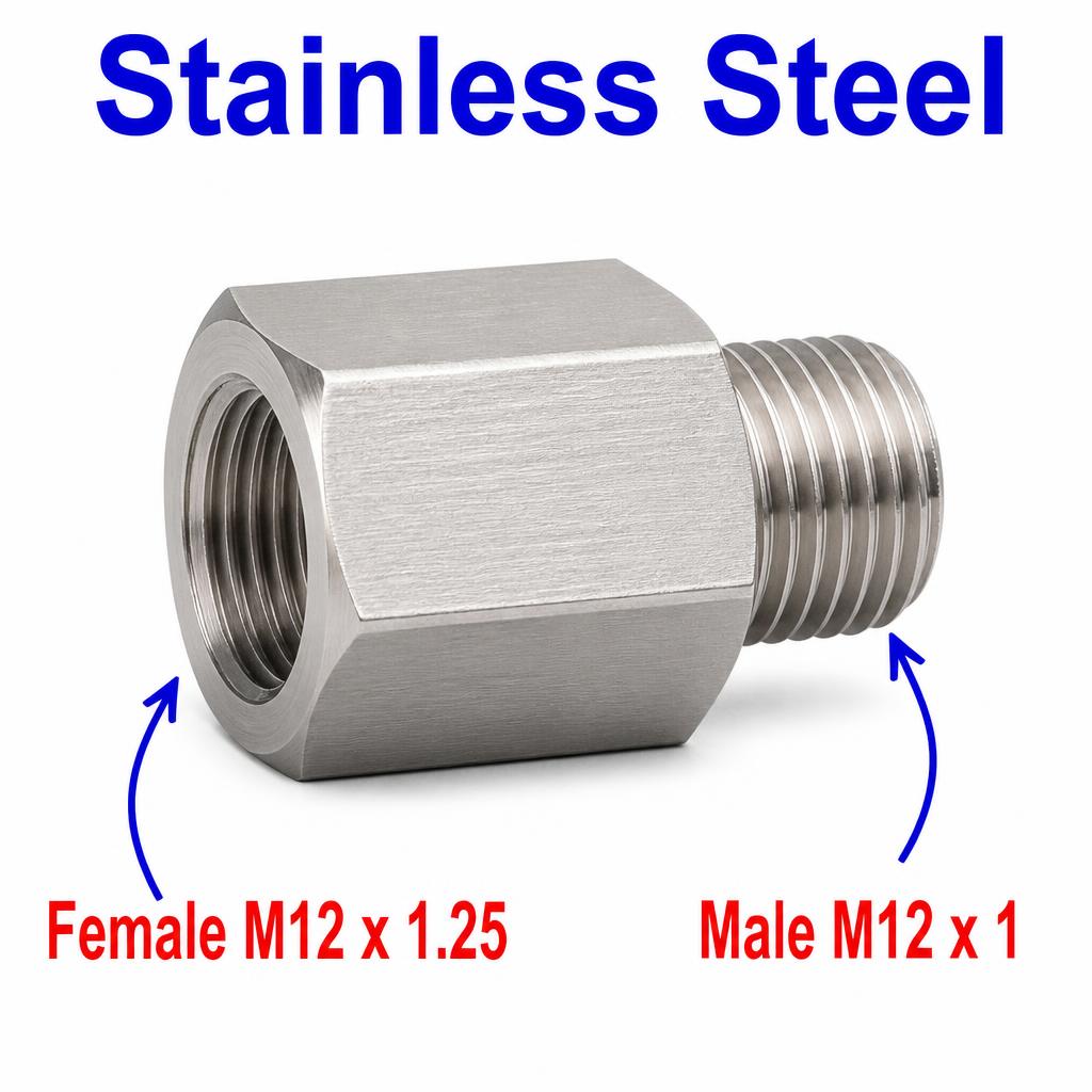 Stainless steel M12x1.25 female to M12x1 male sensor adaptor fitting for conversions by MC Motoparts, labeled APS0215.