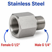 Stainless steel BSP G 1/2 to G 1/4 sensor adaptor fitting, MC Motoparts APS conversion fitting for plumbing and sensor applications.
