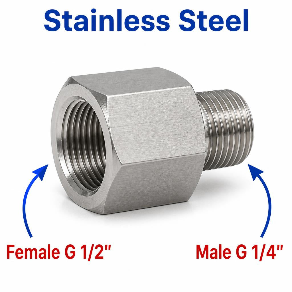 Stainless steel BSP G 1/2 to G 1/4 sensor adaptor fitting, MC Motoparts APS conversion fitting for plumbing and sensor applications.