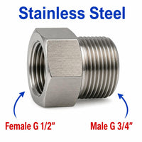 Stainless steel BSP G 1/2 inch female to BSP G 3/4 inch male sensor adaptor fitting for conversion, by MC Motoparts.